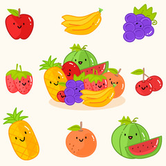 Cute fruits vector set.Apple, banana, grape, strawberry, cherry, pineapple, orange and watermelon.