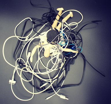 Jumbled Mess Of Cords, Wires, Headphones