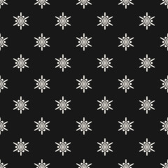 Vector geometric snowflakes pattern. Simple winter Christmas seamless background with small snowflakes. Abstract black and white texture. Dark monochrome repeat design for decor, textile, gift paper