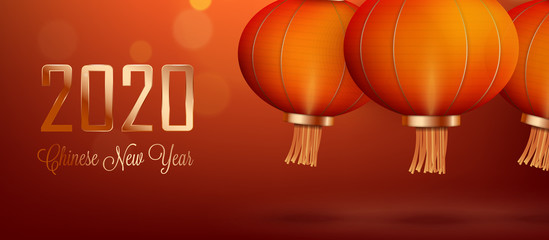 Chinese New Year 2020 greeting card design. Hanging Chinese lanterns on the red background. Holiday banner. Vector illustration
