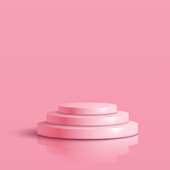 Pink round podium. Pedestal in pastel colored room with spot lights scene. Vector illustration