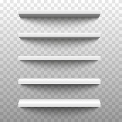 White shop product shelves. Blank empty showcase display, 3D supermarket retail shelves. Bookcase store rack, shopping merchandise market products racks realistic. Vector illustration on transparent