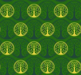 Gardinen Elegantes grünes nahtloses Muster mit königlichem Baumemblem © Анастасия Рябоконь