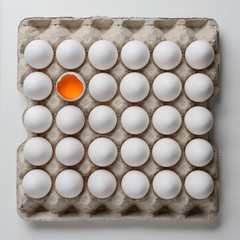 Fresh white eggs with yolk on cardboard tray on white backgound