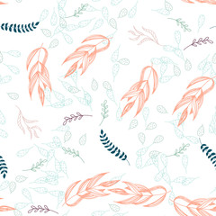 Trendy outline native foliage and leaves seamless pattern. Small and medium elements paradise flora leaves.Vector illustration.