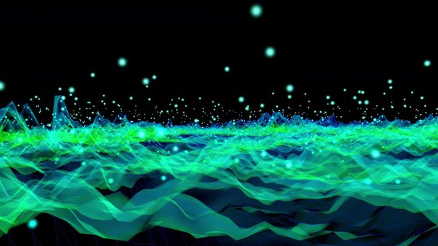 3D rendered Animation of particle physics, dancing particles and wave form vibrations symbolising the dualism of both concepts in quantum physics.