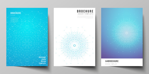 Vector layout of A4 format modern cover mockup design templates for brochure, magazine, flyer, booklet, report. Big Data Visualization, geometric communication background with connected lines and dots