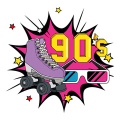 roller skate with glasses of nineties in explosion pop art