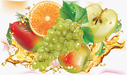 Fototapeta na wymiar Grapes and tropical fruits Apple, Orange, Mango in splashes of juice