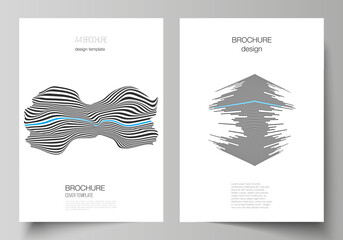 Vector illustration layout of A4 format modern cover mockups design templates for brochure, magazine, flyer, booklet, report. Abstract big data visualization concept backgrounds with lines and cubes.