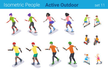 Isometric People Rollerblading and Kids Children ride on Kick Scooter flat vector collection.