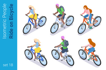 Isometric People ride on Bicycle active Outdoor flat vector collection.