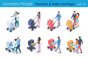 Isometric People Parents with Baby Carriage flat vector Family collection.