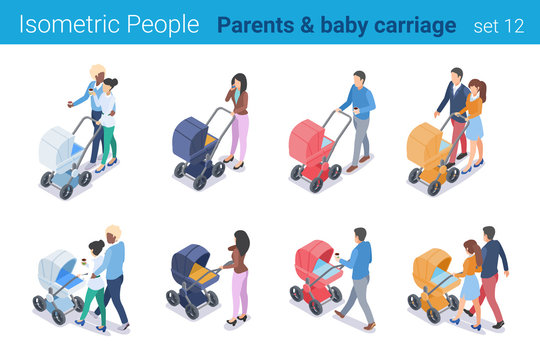 Isometric People Parents With Baby Carriage Flat Vector Family Collection.