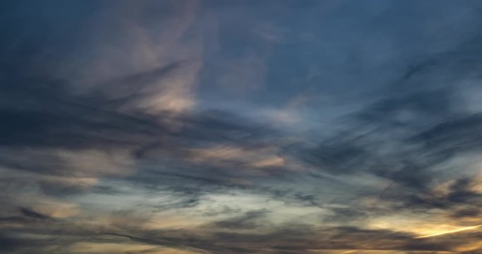 Time lapse clip of gray fluffy curly rolling clouds in windy weather in the evening after sunset