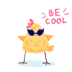 Funny illustration with a funny chicken. Comic book drawing, storytelling. Picture for printing on a card, poster, invitation, t-shirt, design. For holiday, mood, easter.