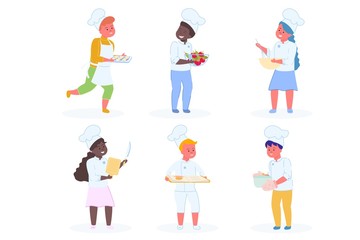 Children Chef Characters Cooking Different Dishes.