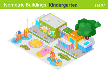 Isometric Kindergarten Building with Children Playground flat vector collection