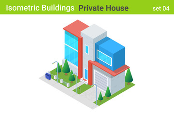Obraz premium Isometric Cottage modern Private House with backyard garden Building flat vector collection
