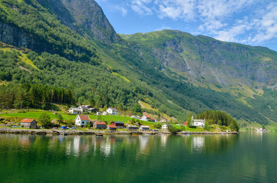 View of the Sognefjord fjord and the small village of Bakka near Gudvangen, Scandinavia, Norway, Europe