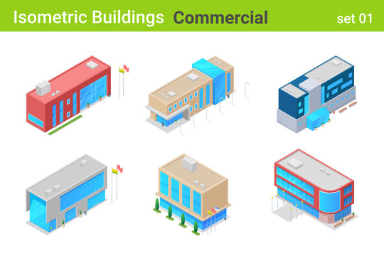 Isometric Buildings Commercial flat vector collection.