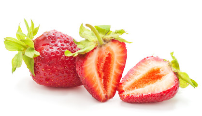 Ripe strawberries with leaves.