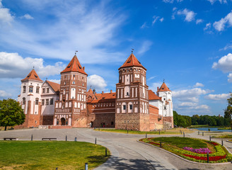 View on beautiful medival castle in Mir on summer day, Minsk region, Belarus 