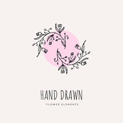 Hand Drawn Minimalistic and Floral Template for photographer, fashion blogger, design studio, interior design. Branding identity collection . Floral feminine element. flowers clipart