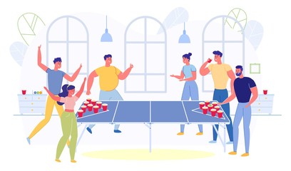 Friend Playing Beer Pong on Table in Room Flat.