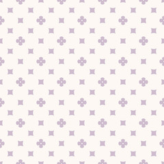 Simple vector geometric floral texture. Abstract seamless pattern with small flowers, squares. Lilac and white color. Delicate minimalist repeat background. Cute design for decor, textile, wallpapers
