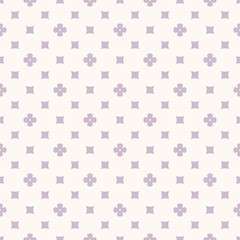 Simple vector geometric floral texture. Abstract seamless pattern with small flowers, squares. Lilac and white color. Delicate minimalist repeat background. Cute design for decor, textile, wallpapers