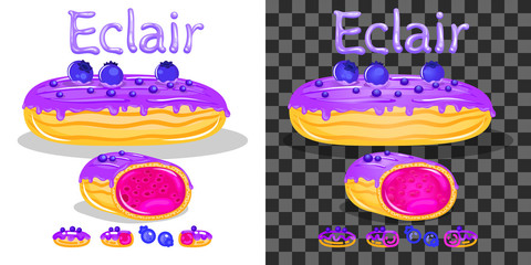 Blueberry eclairs filling jelly, text and icon