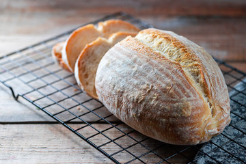 Homemade loaf of freshly backed sourdough bread.