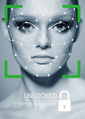 Biometric verification. Young woman. The concept of a technology of face recognition on polygonal grid