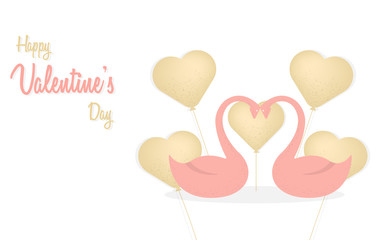 Happy Valentine's Day and swans in love, composition with balloons in the shape of hearts vector illustration in flat style