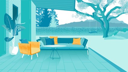 Beautiful Backyard Terrace Interior, Cartoon.