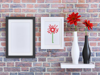 Red gerbera daisies in black and white vases; digital flower in a frame with mock up black picture frame against old brick wall 3d rendering, 3d illustration