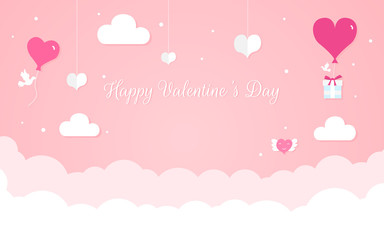 Happy Valentine's Day design concept, romantic composition in paper style, vector illustration on a pink background