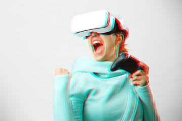 Woman with virtual reality headset is playing game. Image with glitch effect.