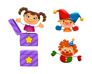 set of Pop up Jack in the box toy open and close with different toys