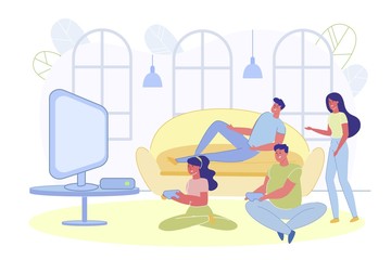 Friends Play Video Games Together in Living Room.