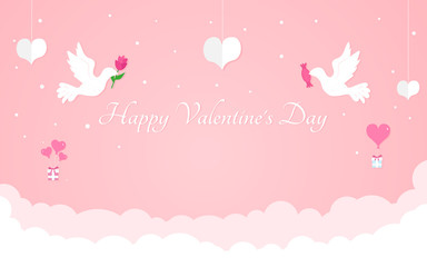 Happy Valentine's Day design concept, Two pigeons flying in the sky, romantic composition in paper style, vector illustration on a pink background