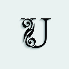 letter U with shadow. Black alphabet.  Beautiful flower  capital letters