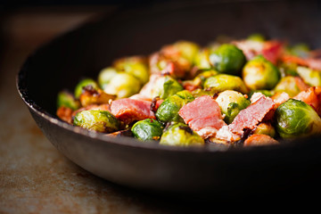 rustic pan roasted brussels sprouts with bacon