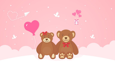 Two cute teddy bears, romantic composition in paper style, vector illustration on a pink background