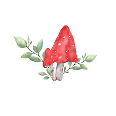 Seamless pattern with watercolor mushrooms of different sizes, twigs and autumn leaves for the design of postcards, textiles, fabrics, printing and any design