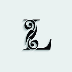 letter L with shadow. Black alphabet.  Beautiful flower  capital letters