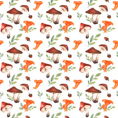 Seamless pattern with watercolor mushrooms, chanterelles, twigs and autumn leaves for the design of postcards, textiles, fabrics, printing and any design