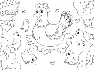 Naklejka premium Children coloring. Hen mom with chickens. Black lines, white background. Vector