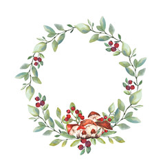 Autumn wreath with watercolor mushrooms of different sizes, twigs and autumn leaves for the design of postcards, textiles, fabrics, printing and any design